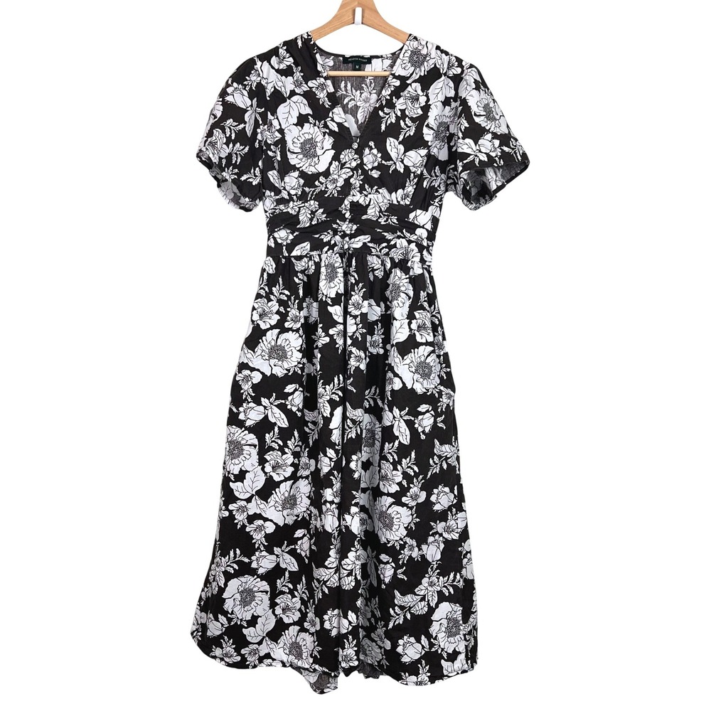 Meadow Rhodes Brown White Floral Cotton Midi Dress Smocked Empire Waist Medium